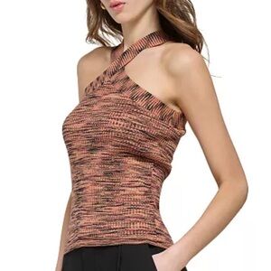 DKNY SpaceDye-Knit Halter Tank Crossover Neckline Minimalist Top Size S